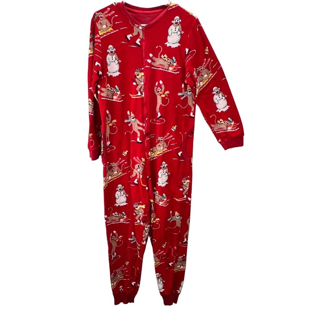 Nick & Nora Sock Monkey One Piece Pajama Zip M Women Red Ice Skating Sledding